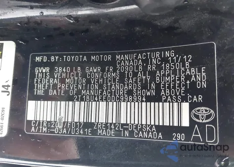 2013 Toyota Corolla S из США, поврежденный, VIN 2T1BU4EE0DC998994